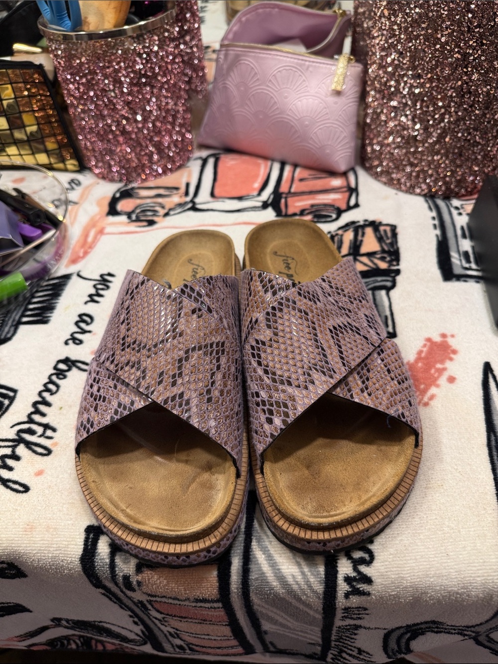 EUC Free people snake skin sandals purple and tan.